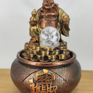 Laughing Buddha Water Fountain with LED Lights and Water Pump (Brown, Golden, 12" X 9" X 9")
