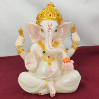 Lord Ganesh Statue (White & Golden, 8.5" X 6" X 5")