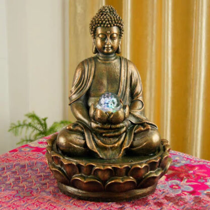 Lord Buddha Water Fountain with LED Lights and Water Pump (Brown, Golden, 16.5" X 12.5" X 10.5")