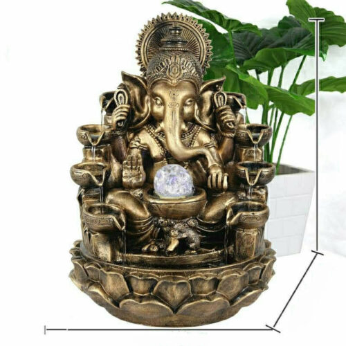Lord Ganesh Water Fountain with LED Lights and Water Pump (Brown, Golden, 16.5" X 12.5" X 10.5")