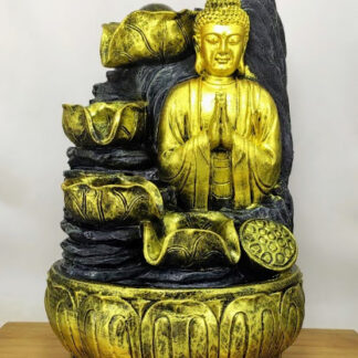 Lord Buddha 3 Step Water Fountain with LED Lights and Water Pump (Gray, Golden, 16.5" X 9" X 10.5") (Big)