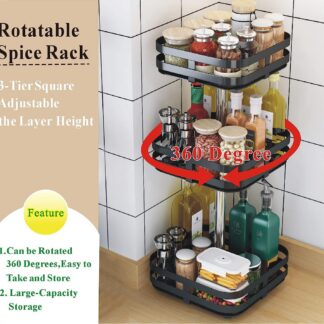 RACKSENSE / 3 Tier 360 Degree Rotating Masala Rack, Height Adjustable, Suitable for Kitchen (Square)