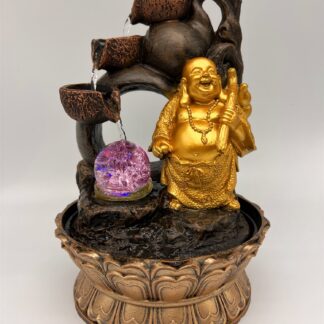 Laughing Buddha 3 Step Water Fountain with LED Lights and Water Pump (Brown & Gold, 12" X 8" X 8")