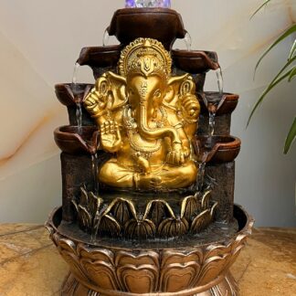 Lord Ganesh 7 Steps Water Fountain with LED Lights and Water Pump (Brown, Gold, 12" X 8" X 8")