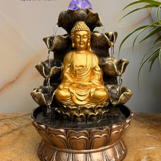 Lord Buddha 7 Steps Water Fountain with LED Lights and Water Pump (Brown, Gold, 12" X 8" X 8")