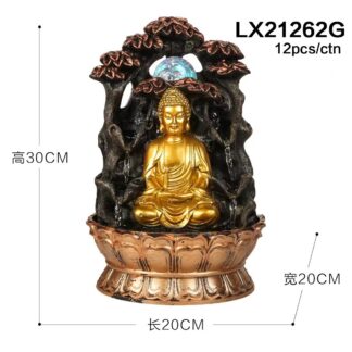Lord Buddha 5 Steps Water Fountain with LED Lights and Water Pump (Brown, Gold, 12" X 8" X 8")