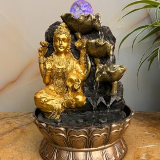 Maha Laxmi 3 Steps Water Fountain with LED Lights and Water Pump (Brown, Gold, 12" X 8" X 8")