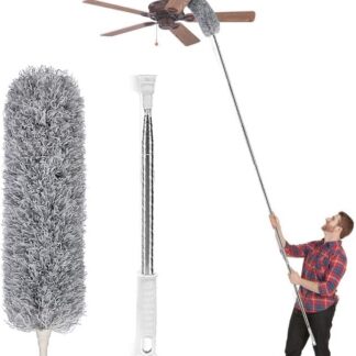 Microfiber Duster with Extension Pole(Stainless Steel), Extra Long 100 inches, with Bendable Head, Extendable Duster for Cleaning High Ceiling Fan, Interior Roof, Cobweb, Gap Dust Wet or Dry
