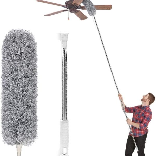 Microfiber Duster with Extension Pole(Stainless Steel), Extra Long 100 inches, with Bendable Head, Extendable Duster for Cleaning High Ceiling Fan, Interior Roof, Cobweb, Gap Dust Wet or Dry