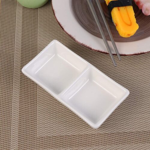 Mini Melamine Dish with 2 Compartments Soy Sauce Dishes Appetizer Snack Tray Melamine Dip Bowls for Home Kitchen Hotel Restaurant(White)