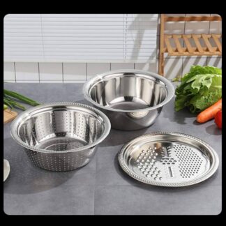 Multifunctional Stainless Steel Basin with Grater Vegetable Cutter and Drain Basket (3 in 1)