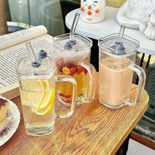 Clear Water Glass with Straw and Lid | 360 ml