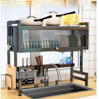 RackSense / Over The Sink Dish Drying Rack, Dish Drainer for Kitchen Counter with Multiple Baskets | 2 Tier | Black I Single Sink