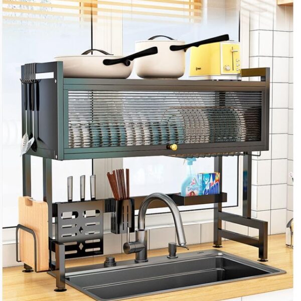RackSense / Over The Sink Dish Drying Rack, Dish Drainer for Kitchen Counter with Multiple Baskets | 2 Tier | Black I Single Sink