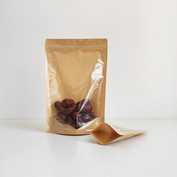 Stand Up Pouch with Thick Front Transparent Plastic Display Window & Resealable Zip-Lock Kraft Paper Bag For Food Storage (100 Pcs)