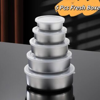 Fresh Box | Stainless Steel Round Storage Containers | 5-Piece Set with Leakproof PP Lids