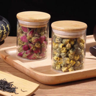 CYLINDRICAL GLASS JARS WITH BAMBOO LID 6.5 × 6.5 × 10 cm | 400 mL