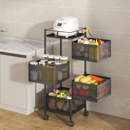 RackSense 4 Layer Metal Portable Rotating for Fruits Square Storage Rack & Vegetable