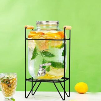 Mason Jar Glass Beverage Juice Dispenser with Tap & Metal Stand with Wood Handle 5L