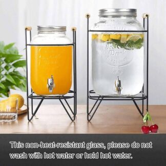 Mason Jar Glass Beverage Juice Dispenser with Tap & Metal Stand with Wood Handle 8L