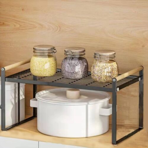 Racksense | Carbon Steel Kitchen Cabinet Counter Shelf Organizer, Sturdy Cupboard Stand Pantry Shelves - Add Storage Space to the countertop Bedroom Bathroom Office, Stackable Spice Rack (Black) | A22-075H