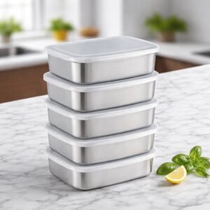 Stainless Steel Rectangle Food Storage Box with Clear Plastic Lid (Pack of 5)