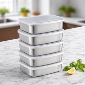 Stainless Steel Rectangle Food Storage Box with Clear Plastic Lid (Pack of 5)