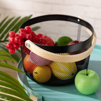 RackSense | Mesh Steel Storage Organizer Basket with Bamboo Handle | Round
